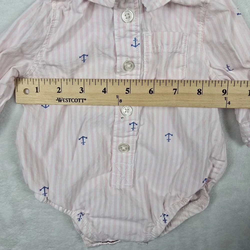 OshKosh Bgosh Baby Boy Pink White Striped Anchor Bodysuit 3M Long Sleeve Shirt